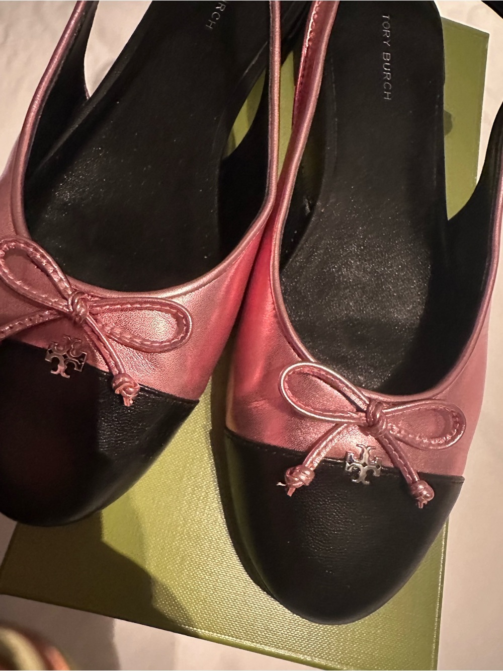 Tory Burch Pink Metallic and Black Slingback Flats - Picture 2 of 4